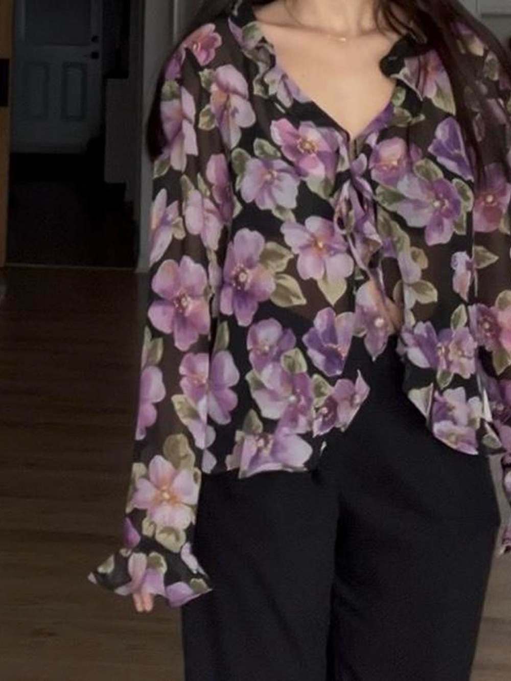 Evan Picone Black Sheer Blouse with Purple Floral Print